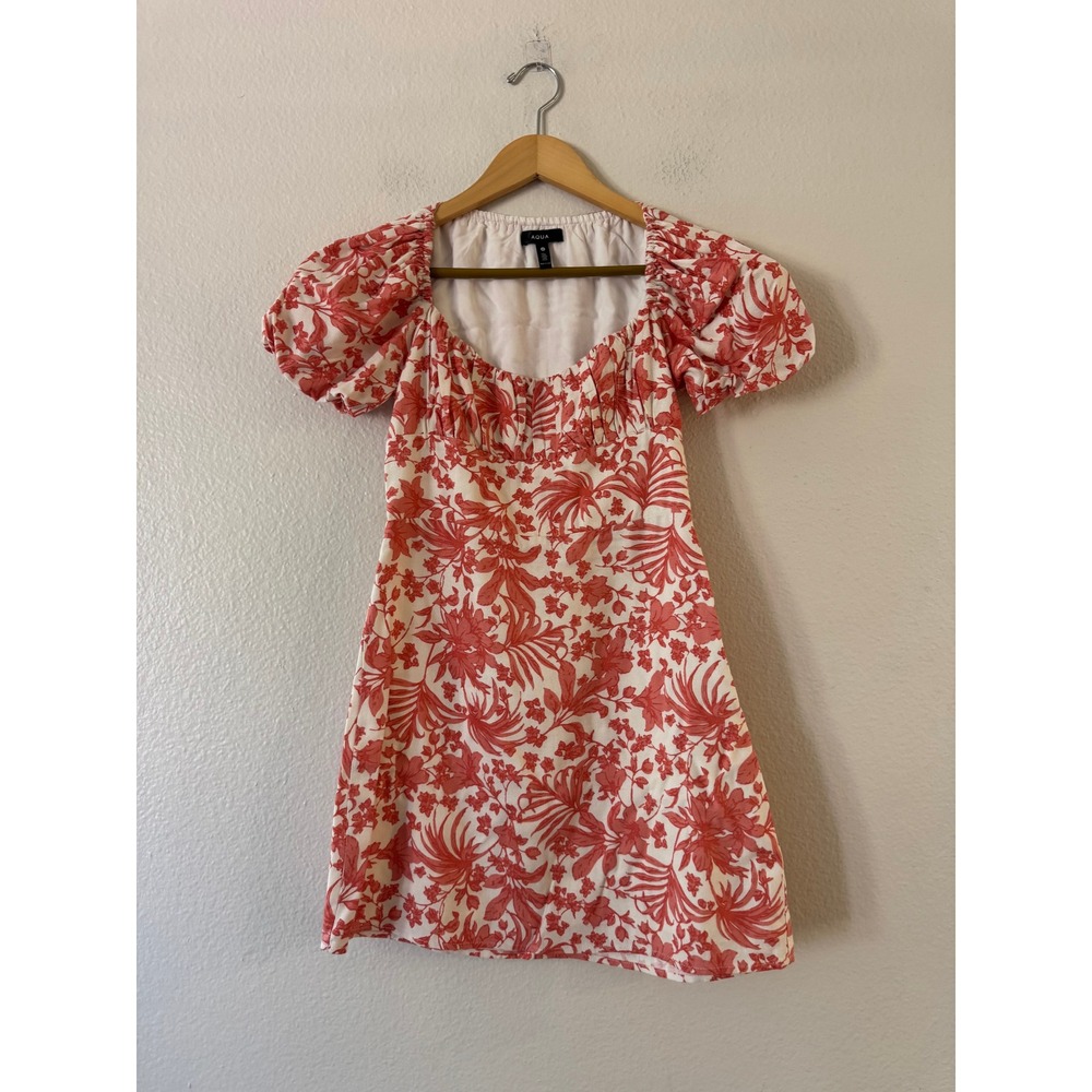 AQUA Floral Puff Sleeve Mini Dress Tropical Print XS Red White Excellent